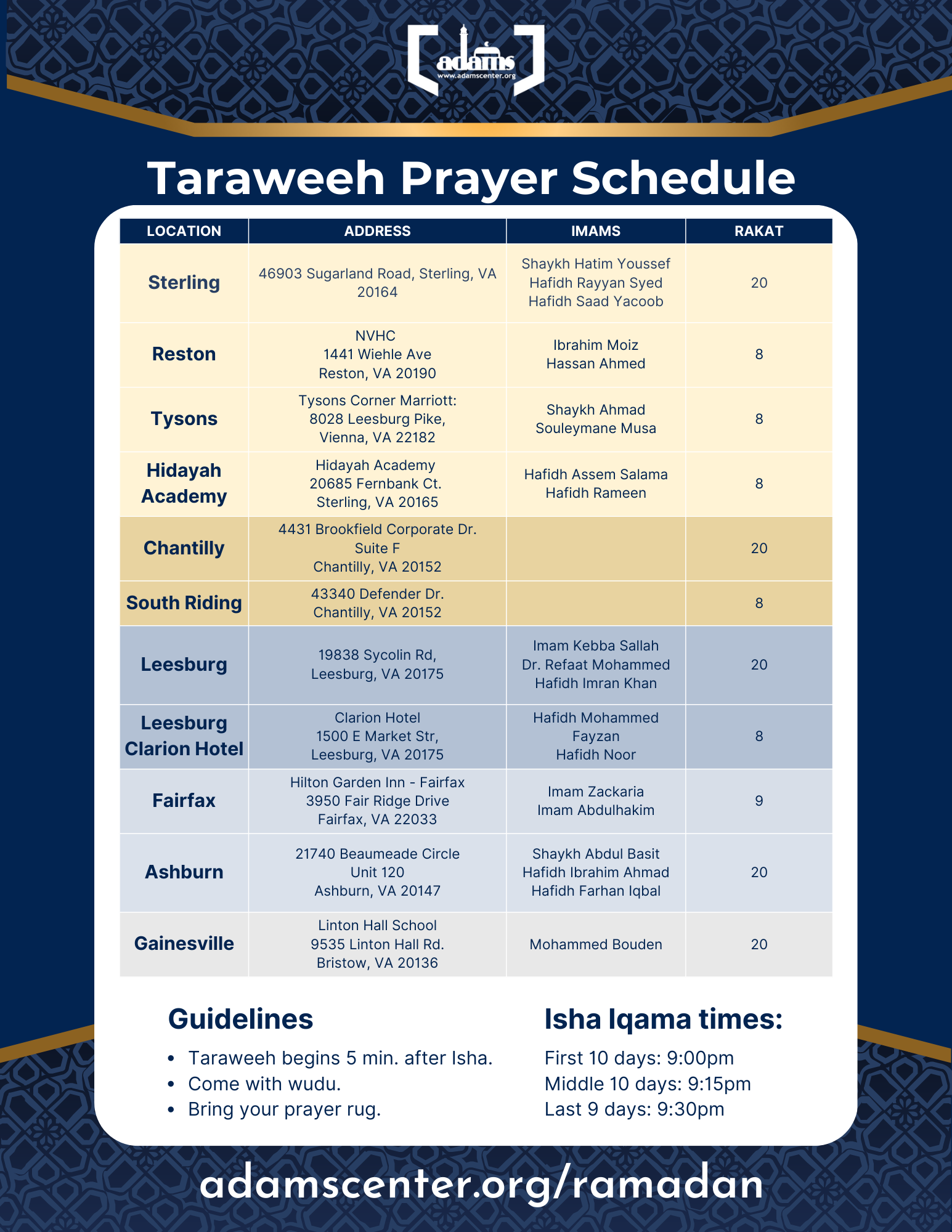 ADAMS Taraweeh schedule
